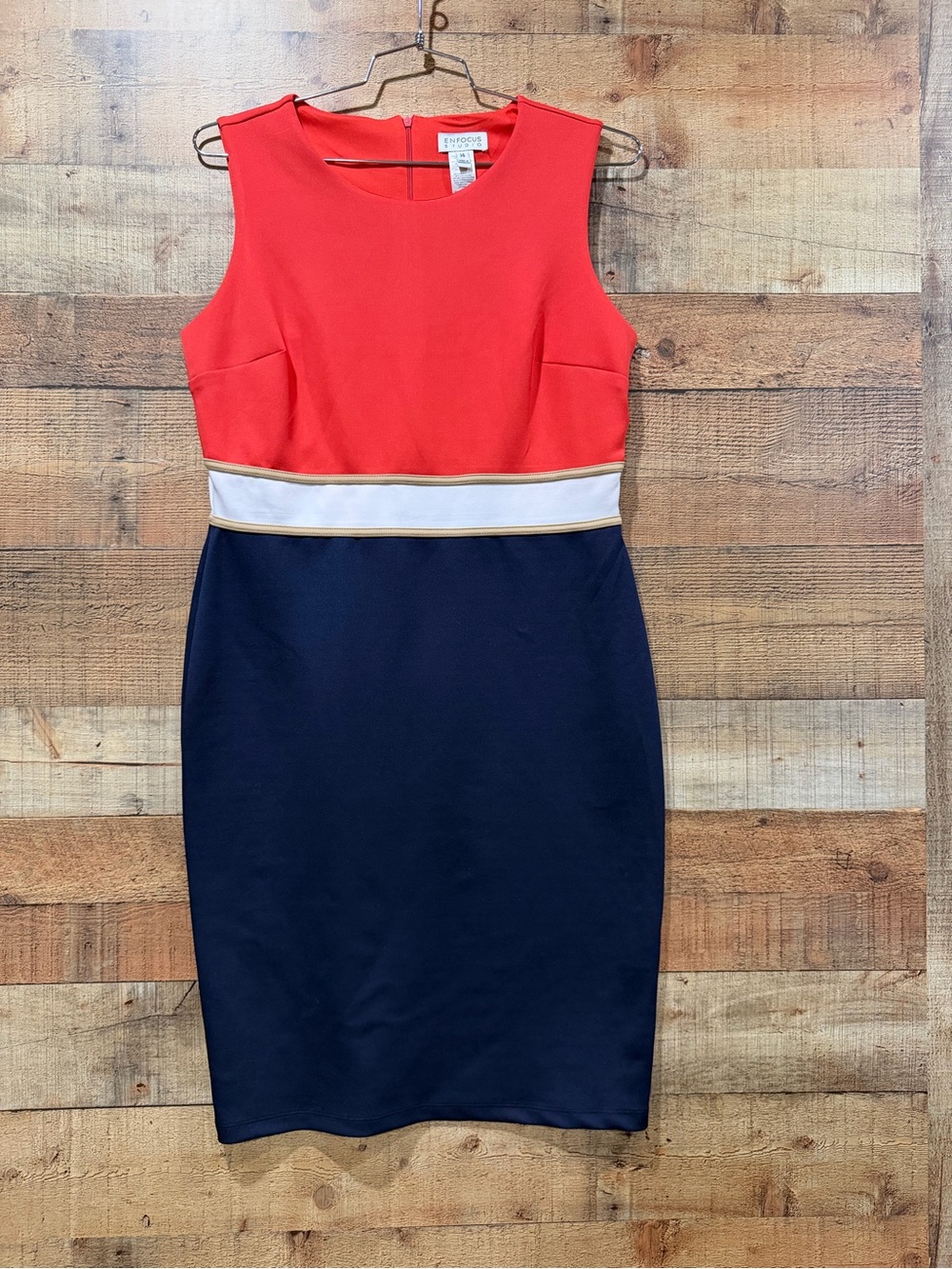 Enfocus Studio Coral Red, White & Navy Colorblock Midi Sheath Dress Size 14